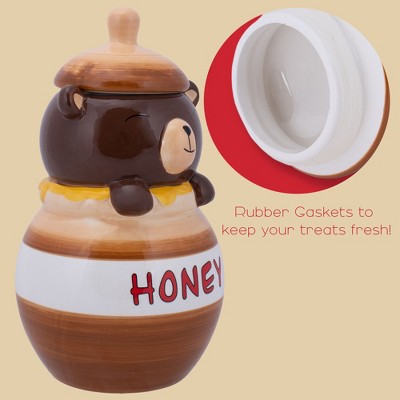 100 North Ceramic 11 inch Everyday Cookie & Candy Jar with Airtight Lid: Kitchen Canisters, Pet Treat Containers, Smiling Brown Bear in Honey Jar — фото 3