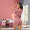 ADR Women's Pajamas Set, Soft Ribbed Knit Waffle Pajamas Lounge Set, Short Sleeve Button Up Top and Pajama Shorts - 3 of 4