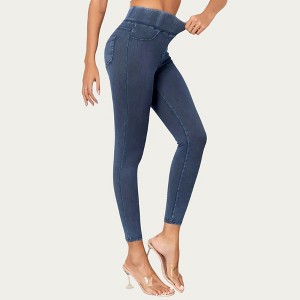 Anna-Kaci Women’s High Waist Denim Look Leggings with Smooth Stretch Fabric Faux Pocket Details and Sleek Contoured Fit - 1 of 4