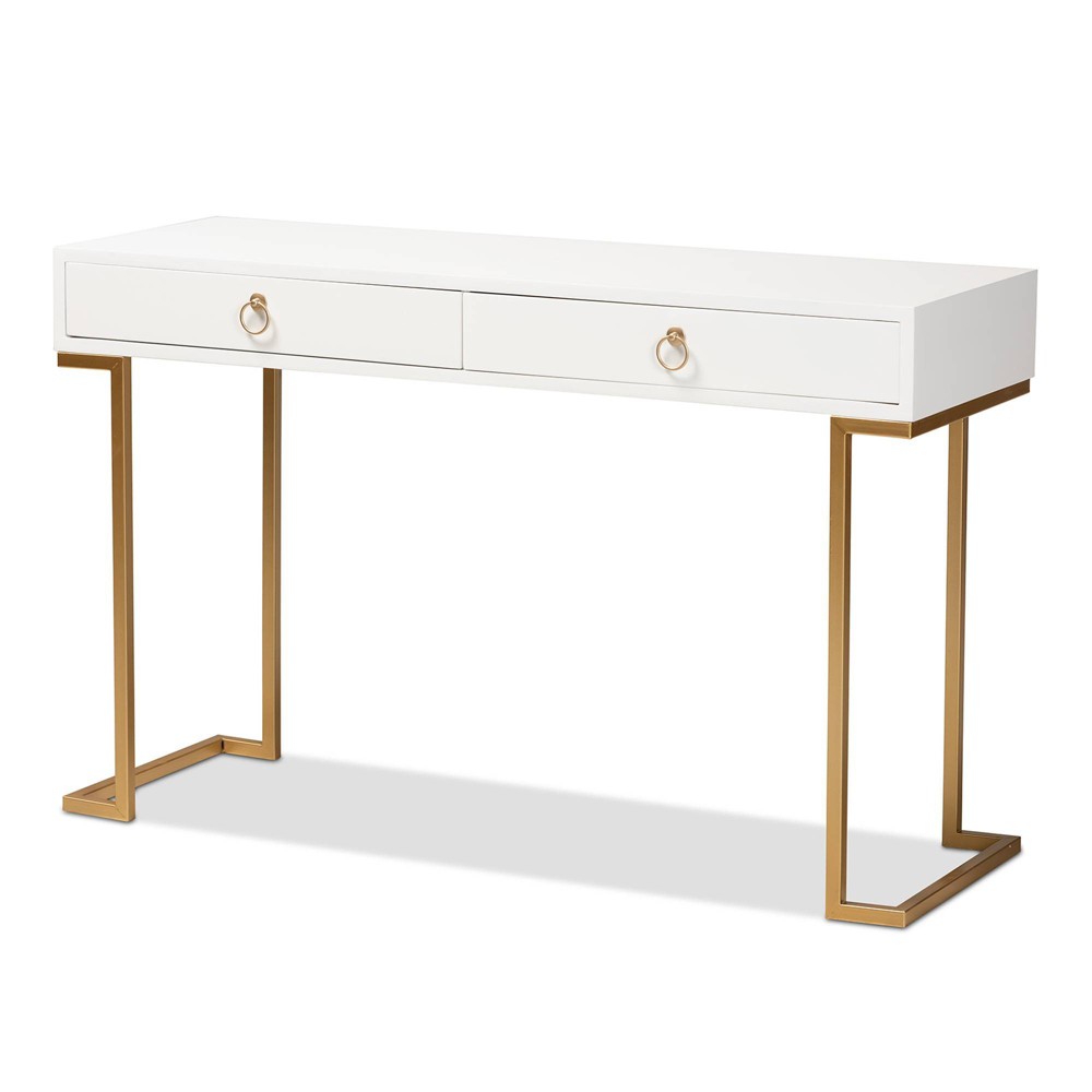 Photos - Coffee Table Beagan Wood and Metal 2 Drawer Console Table White/Gold - Baxton Studio
