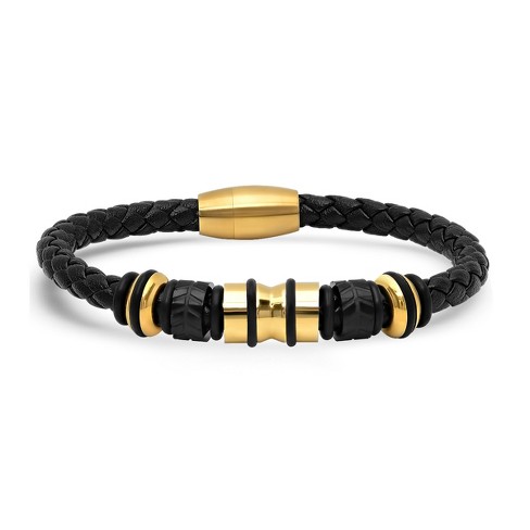 Steeltime Men's genuine black leather braided bracelet with stainless steel accents. Color Options: Gold, Rose Gold - image 1 of 3