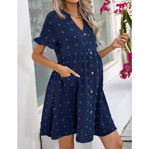 Womens Maternity Dress Swiss Dot V Neck Short Sleeve Button Down Summer Casual Baby Shower Mini Dresses - 1 of 4
