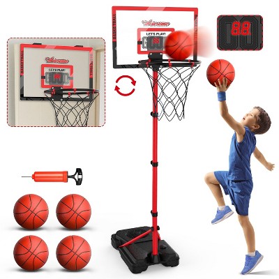 Skirfy 2-in-1 Basketball Hoop，5-5.9ft Adjustable，Portable Basketball Goals with Electronic Scoreboard & 4 Balls, Red
