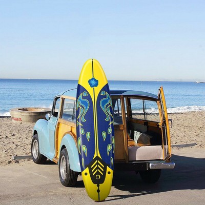 Yellow and Blue Foam Surfboard with Fins and Leash