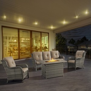 POCASSY 4-Piece Outdoor Furniture Set with 50000BTU Propane Fire Pit, All Weather Wicker Patio Fire Pit Table Set with 3-Seater Sofa and Club Chair - 1 of 4