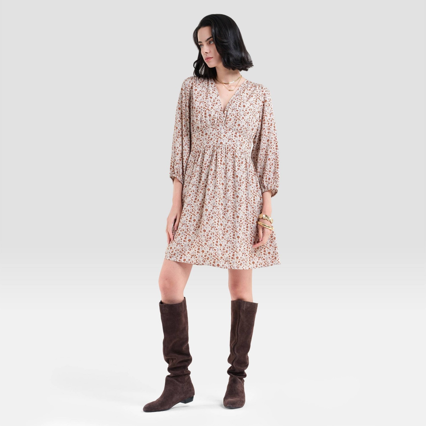 Женское платье Universal Thread Bishop 3/4 Sleeve Mini Babydoll, цвет: Бежевый — фото 3