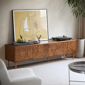 POVISON 62.99"Mid-Century Modern TV Stand, Wood Media Console with Cabinets, Tall-Cast Legs - 1 of 4