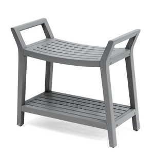 JONATHAN Y Orla 25.6" Modern Classic Slatted Solid Acacia Wood Indoor/Outdoor Shower Bench with Shelf and Handle - 1 of 4