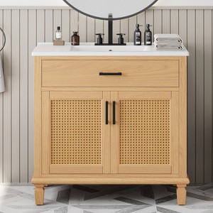 FURNIinspire Bathroom Storage Cabinets Bathroom Sink Cabinet, Standing Bathroom Vanity With Rattan Door, Home Organizers, Light Brown, 18.5"*36"*34" - 1 of 4