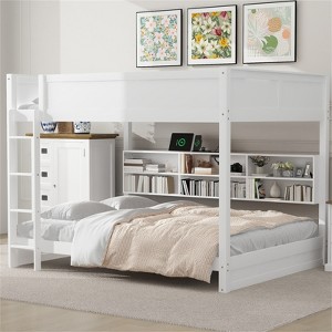 RISOKEYS Queen Over Queen Bunk Bed - Wooden Bunk Bed with Storage Cabinets, Plug Outlets & USB Ports - White - 1 of 4