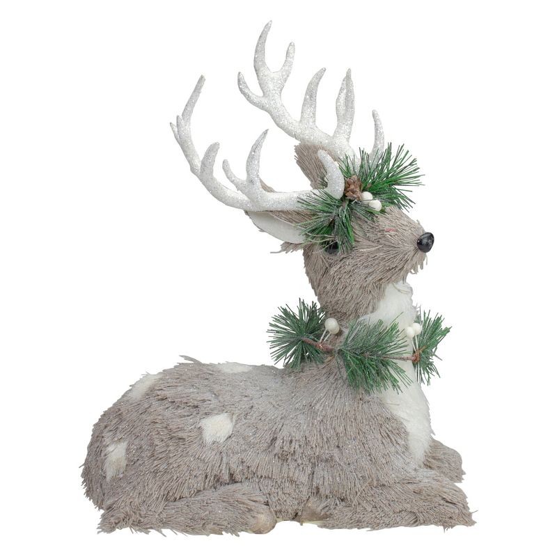 Northlight 12.75" Gray Sitting Sisal Reindeer with Wreath Christmas Figure, 1 of 5