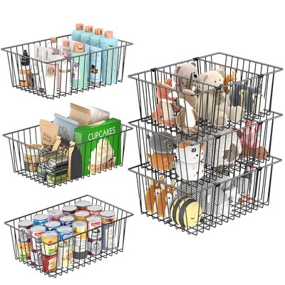 Simple Trending Wire Storage Basket with Dividers, Pantry Organization and Storage Bins Cabinet Metal Basket, Extra Large 6 Inch Deep, 6 Pack , Black