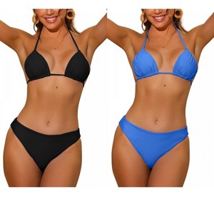 INSPIRE CHIC Women's Halter Solid Ruched Self-Tie Back Swimwear with Bottoms Bikini Combination Sets - 1 of 4