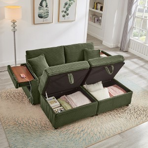Convertible Sectional Sofas Corduroy Loveseat Sofa with Double Storage Ottomans, Adjustable Armrest Table with USB Port, Super Soft Chaise Lounge - 1 of 4