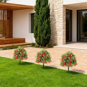 2Pcs 2FT Artificial Boxwood Topiary Ball Trees with Purple Bougainvillea Flowers, UV Resistant Fake Shrubs with Ground Spikes, Fake Plants for Garden - 1 of 4