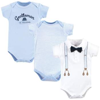 Little Treasure Baby Boy Cotton Bodysuits 3pk, Light Blue Suspenders