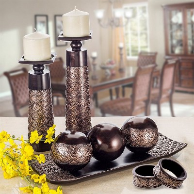 Brown Resin Decorative Tray with Orbs Set