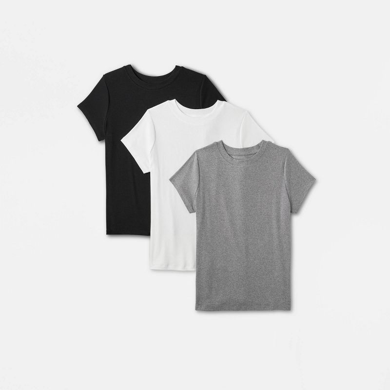 Women's Short Sleeve Ribbed 3pk Bundle T-Shirt - A New Day™ Black/White/Gray, 1 of 6