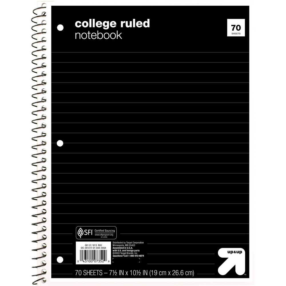 College Ruled Black 1 Subject Flexible Paperboard Cover Spiral Notebook - up&up™: 3 Hole Punched, 70 Pages, 7.5x10.5"