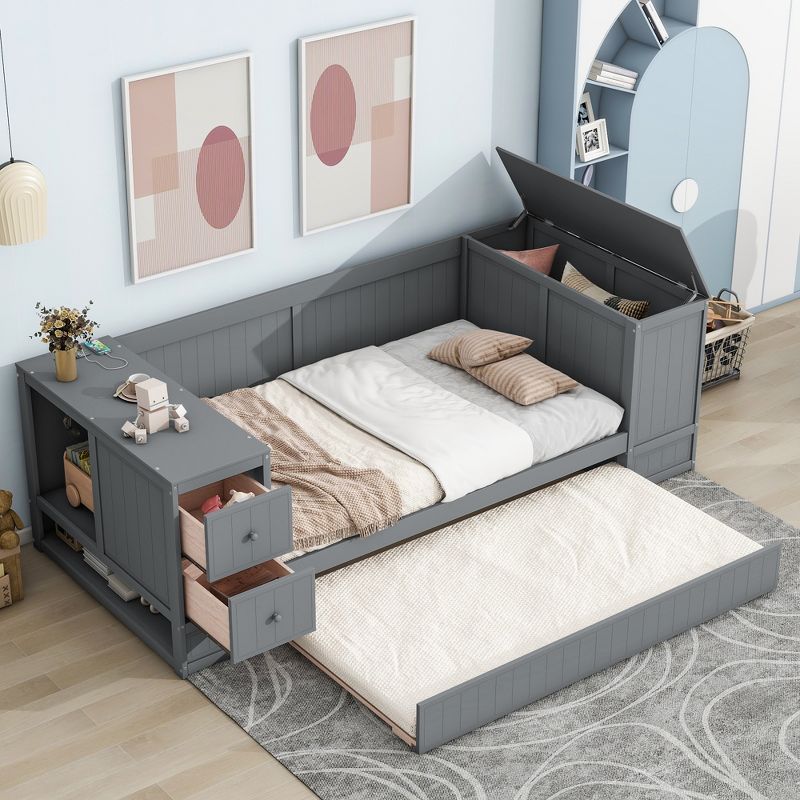 Twin Size Daybed with Storage Arms, Trundle and Charging Station - ModernLuxe, 2 of 11