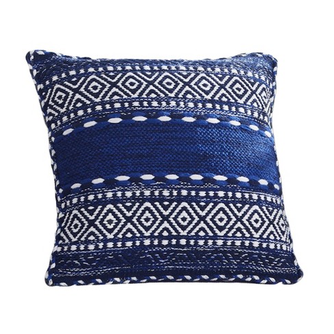 Blue And White Hand Woven 18 X 18 Inch Decorative Cotton Throw Pillow Cover  With Insert And Hand Tied Braiding And Pom-poms - Foreside Home & Garden :  Target