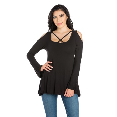 24seven Comfort Apparel Women's Cold Shoulder L/S Top-Black-S