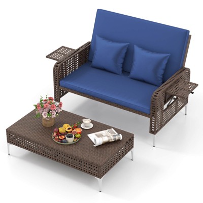 Costway 2 PCS Wicker Loveseat & Storage Ottoman with  4-Level Backrest & Soft Cushion Brown/Navy