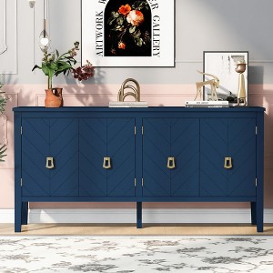 63" MDF Four-Door Sideboard with Geometric Patterned Doors, Vintage Metal Handles and Adjustable Shelves for Living Room - 1 of 4