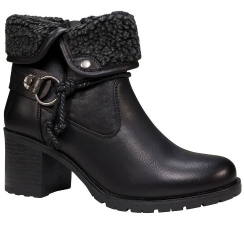 GC Shoes Doja Black 6 Fur Cuff Rope Ring Buckle Heeled Ankle Boots