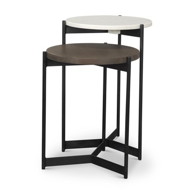 HomeRoots Set of Two Dark Brown and Black Marble Solid Wood and Metal Round Nested Tables