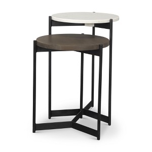 HomeRoots Set of Two Dark Brown and Black Marble Solid Wood and Metal Round Nested Tables - 1 of 4