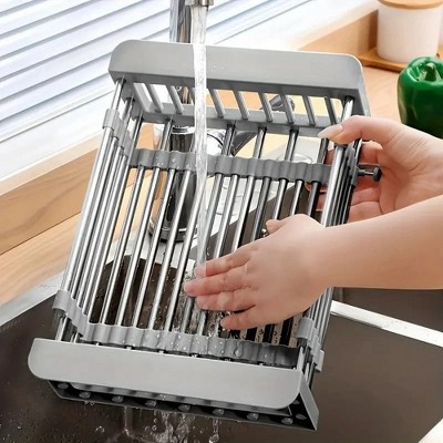 LunaLulinlk Adjustable Over-The-Sink Dish Drying Rack with Stainless Steel Drain Basket - Portable & Telescopic Space-Saving Solution