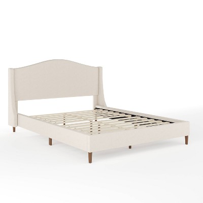 Amelia Queen Beige Linen Upholstered Platform Bed with Walnut Legs