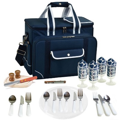 Navy Blue Insulated Picnic Cooler Bag with Wooden Accessories