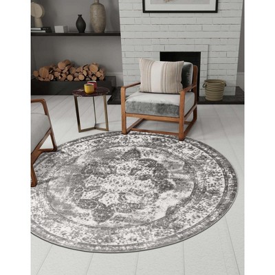 Gray and Light Gray Round Synthetic Reversible Area Rug