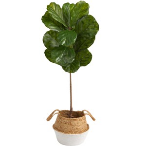 Nearly Natural 4-ft Fiddle Leaf Artificial Tree in Boho Chic Handmade Cotton & Jute White Woven Planter UV Resistant (Indoor/Outdoor) - 1 of 4