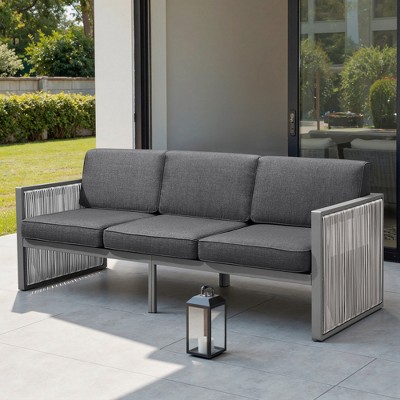 POCASSY Outdoor Round Wicker Patio Couch, Luxury High Back 3-Seater Sofa with Trapezoidal Back Cushion for Porch Garden Pool