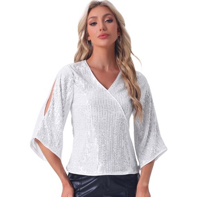 Allegra K Women's Sequin 3/4 Hollow Sleeve V Neck Sparkly Party Club Disco Blouse