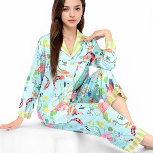 Anna-Kaci Lounge Women's Satin Pajama Set with Tropical Flamingo Print and Waist Tie- Light Blue,Small - 1 of 4