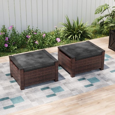 Sonkuki 2-Piece Ottomans with Solution-Dyed Fabric Cushion, All-Weather Wicker Ottomans, Ideal for Patio