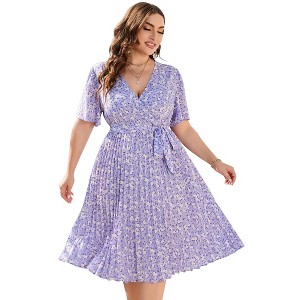 Plus Size Women's V-Neck Midi Dress - Short Sleeve, Wrap Waist with Belt, Flowy Pleated Skirt - 1 of 4