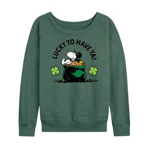 Women's - Peanuts - Lucky To Have Ya Lightweight French Terry Wide Neck Long Sleeve Shirt - 1 of 4
