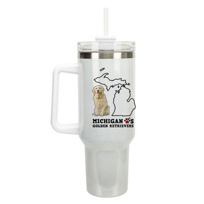 Elanze Designs The Wolverine State Michigan Loves Golden Retrievers White Double Wall Stainless Steel Insulated Travel Tumbler with Lid and Straw, 40