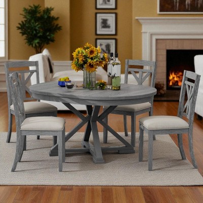 5-Piece Extendable Dining Table Set, Round to Oval Solid Wood Kitchen Table with 4 Upholstered Chairs, Farmhouse Dining Room Furniture