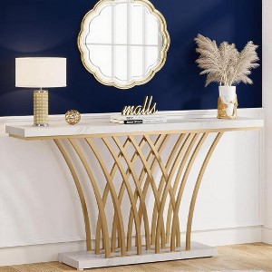 KTMBDW 59 inch Gold Console Table, Modern Entryway Table with Grid-Shaped Metal Base for Entrance, Hallway, Entryway, Living Room, White+Gold - 1 of 4