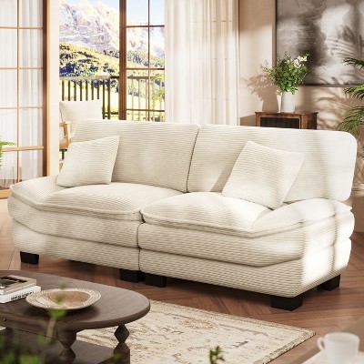 Beige 87" Corduroy Couch  with 2 Pillows, Sailboat-Shape Deep Seat Sofa for Living Room, Small Space, Office, Apartment-Morden Fort