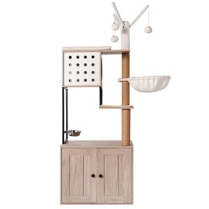 BENCMATE Pet Tower All-in-One Cat Tree with Litter Box Enclosure, Featuring Hammock, Bed, Food Station, Scratching Posts, Beige, 29.53"*22.05"*6.5" - 1 of 4