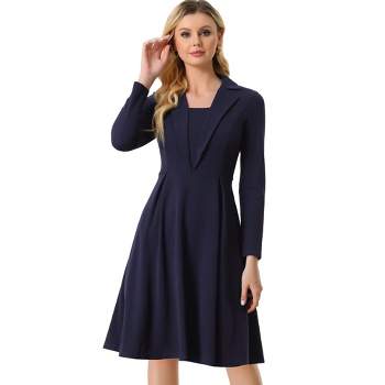 Allegra K Women’s Elegant Office Square Neck Long Sleeve Pleated A-line Dress