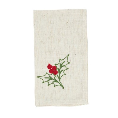 Natural Embroidered Holly Holiday Placemats and Napkins Set