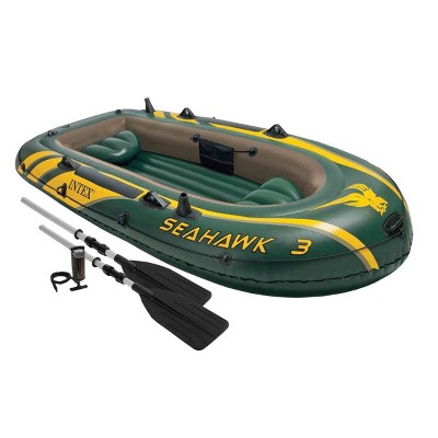 Intex Seahawk 3 Person Inflatable Heavy Duty Rafting and Fishing Boat Set with 2 Aluminum Oars, High Output Air Pump, and Carry Bag